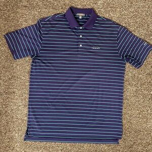 Peter Millar Men’s Polo Shirt Striped Purple Teal “ Desert Mountain “ Logo Sz L